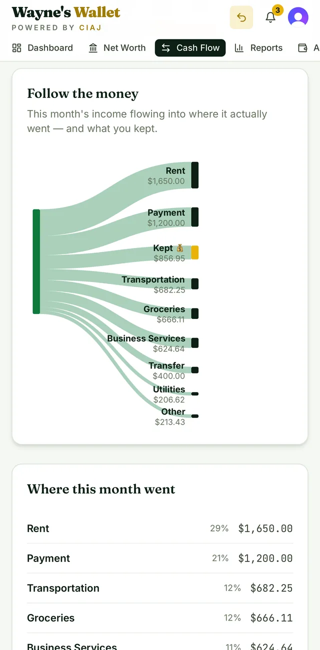 Cash flow Sankey diagram showing income flowing into categories and the amount kept