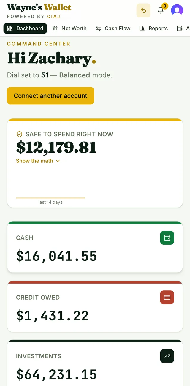 Wayne's Wallet dashboard on a phone