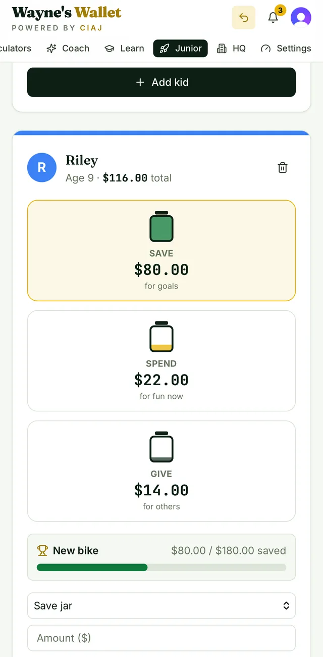 Wallet Jr. showing a kid's Save, Spend, and Give jars with a bike savings goal
