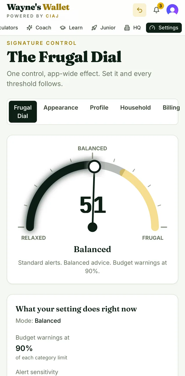 The Frugal Dial control set to Balanced, showing what the setting changes